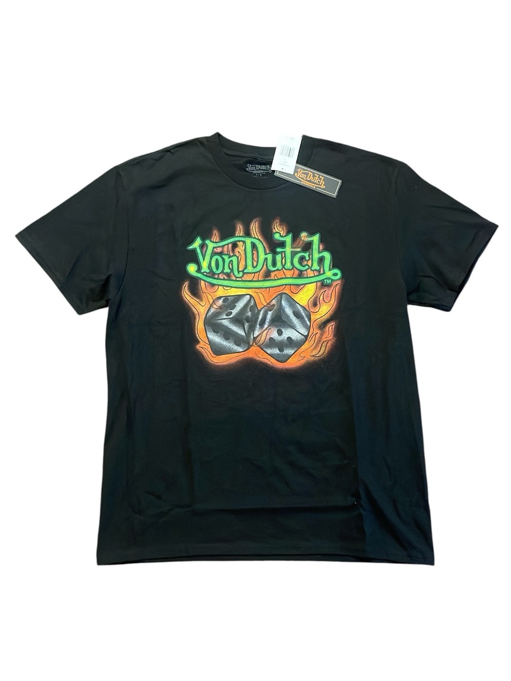 Von Dutch Black Tee with Green Logo and Orange Flames